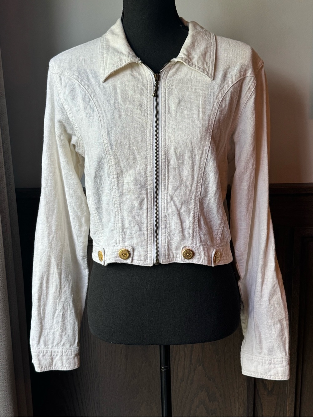 Women's vintage linen cotton Cream Zip-Front Cropped Jean Jacket Sz 8